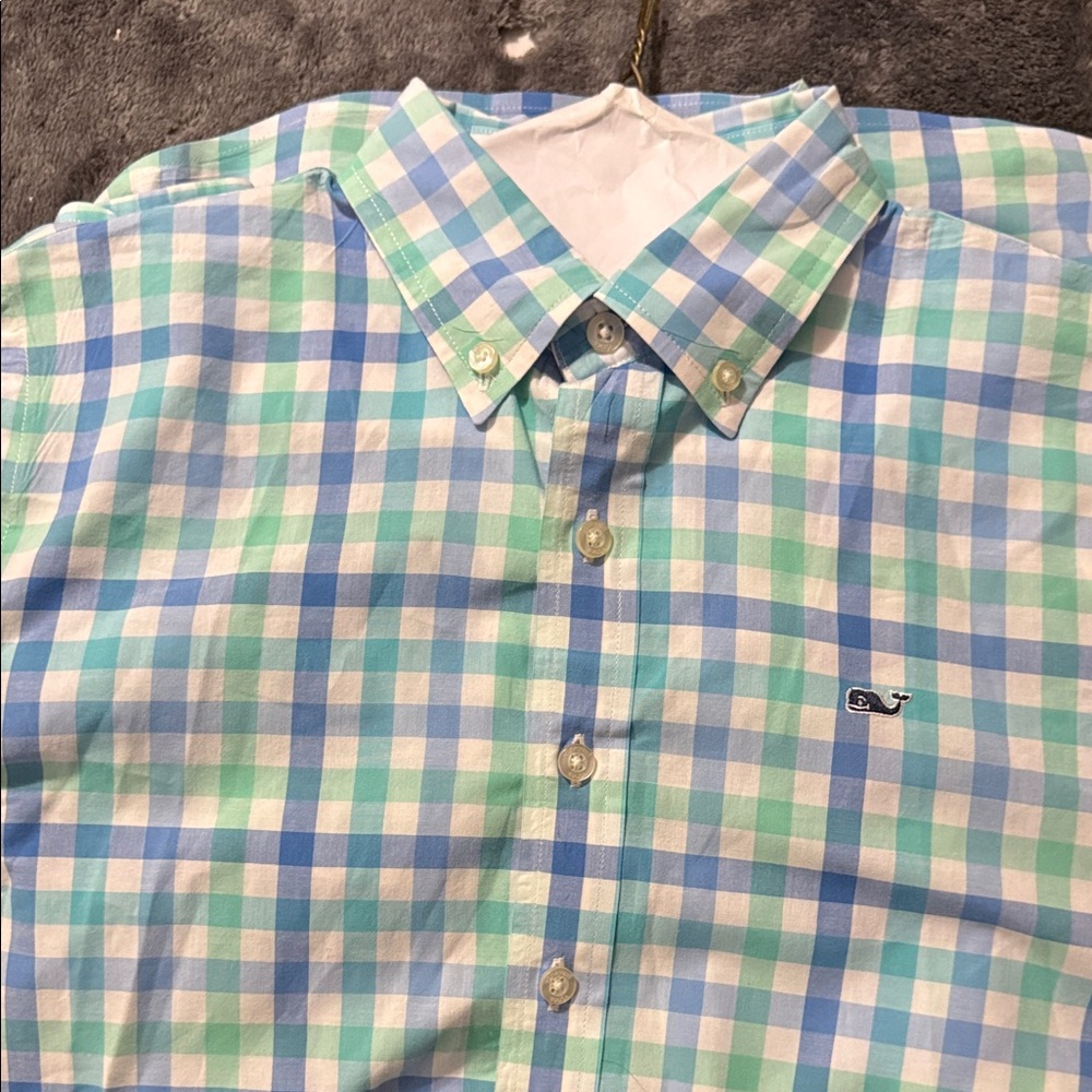 Vineyard Vines Kids Aqua and Blue Checkered Shirt